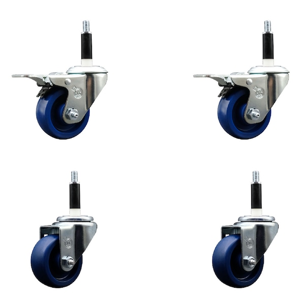 3'' Solid Poly Swivel 7/8'' Expanding Stem Caster Set 2 Total Lock Brakes, 4PK